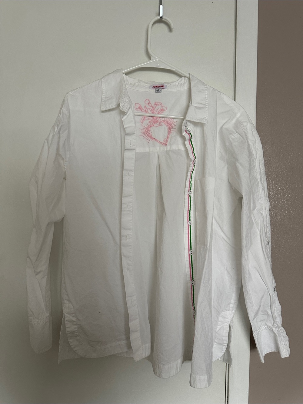 Johnny Was White Button-Down Shirt with Pink Heart Embroidery